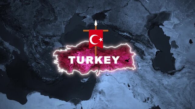 Glowing neon map of Turkey with national flag icon on a dark blue digital world background for news broadcast