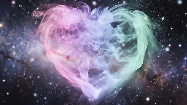 Heart-shaped colorful nebula glowing with pink, violet, and teal gaseous wisps in outer space