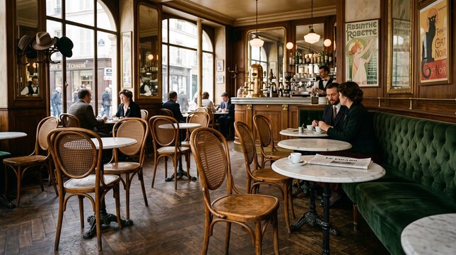 Photorealistic interior of a 1900s Parisian caf&eacute;, antique bentwood chairs with hand-woven cane backs in aged honey walnut, curved velvet booth seating in deep bottle green with brass button tufting, r
