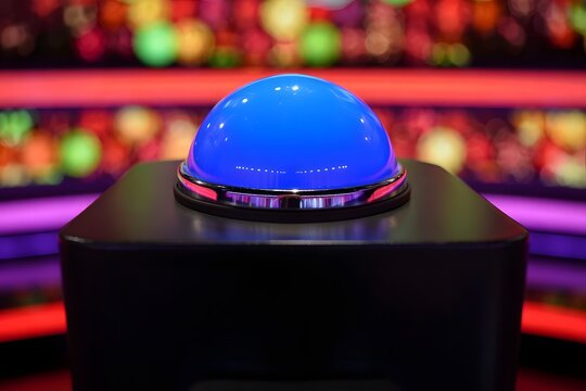 Glowing blue buzzer push button on podium for quiz show game competition and choice concept