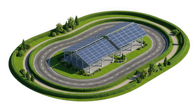 Modern solar panel carport structure located in the center of a circular asphalt test track isolated on transparent background