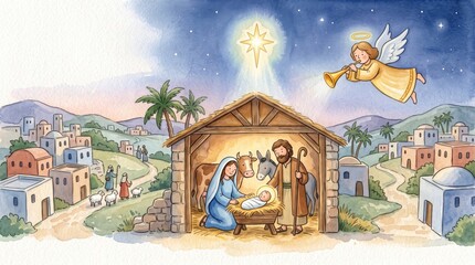 Fototapeta premium Nativity scene with Mary, Joseph and baby Jesus in a stable beneath the Star of Bethlehem. Christian Christmas illustration. Biblical birth story and religious holiday. Angelic announcement.
