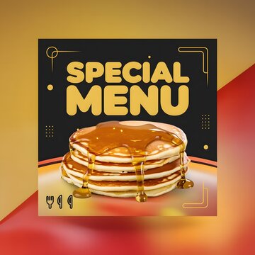 Special menu promotion poster design with delicious stack of pancakes with syrup for restaurant social media banner