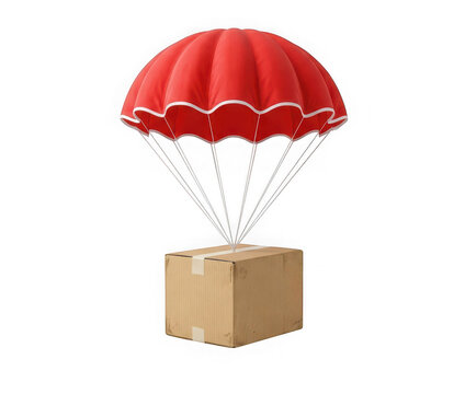 Cardboard delivery box suspended from a bright red parachute isolated on transparent background