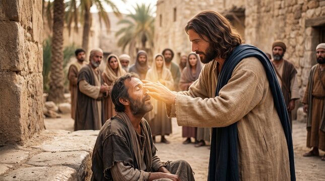 Bearded man healing a seated man by touch in an ancient stone street. Biblical miracle of restoring sight before a gathered crowd. Christianity, faith and spiritual healing.