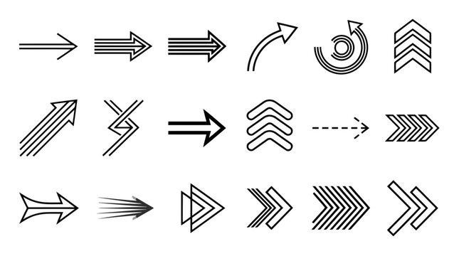 Collection of minimalist black and white arrow and line designs for graphic design projects and modern concepts