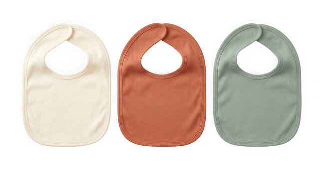 Set of three soft cotton baby bibs in neutral earth tones isolated on transparent background