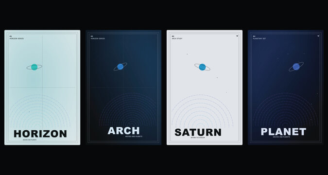 Minimalist space poster layout collection, modern astronomy cover vector set, futuristic blue Saturn planet design templates
