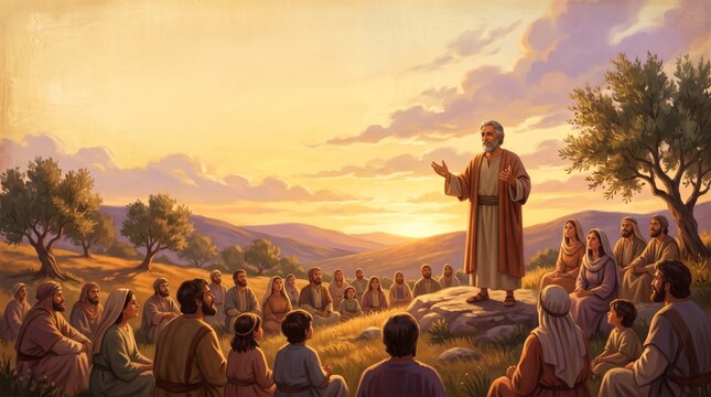 Jesus teaching a seated crowd on a hillside at sunset. Sermon on the Mount, biblical gospel illustration. Christian faith, scripture and religious teaching. Disciples gathered outdoors.