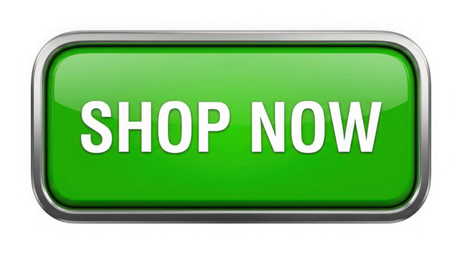 Glossy green shop now button isolated on transparent background