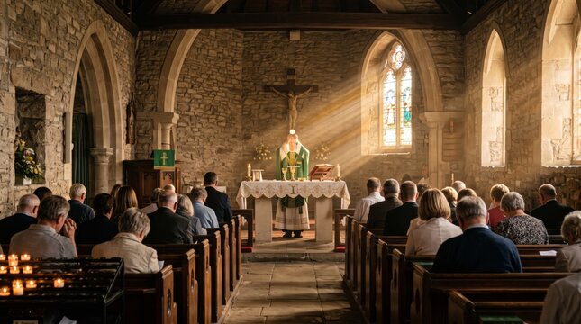 Priest celebrating Mass before a congregation in a stone church. Catholic worship and Eucharist ceremony. Christian faith, communion and religious service. Congregational prayer.