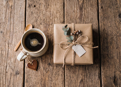 A rustic wooden table features a mug of coffee, a heart-shaped ceramic tag tied to its handle with twine, a gift wrapped in brown paper with natural twine and eucalyptus leaves, all arranged on weathe