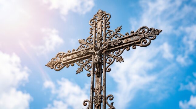 Ornate wrought iron crucifix with figure of Jesus against a blue cloudy sky. Christian faith and religious symbolism. Devotion, salvation and spiritual belief. Sacred art and worship.
