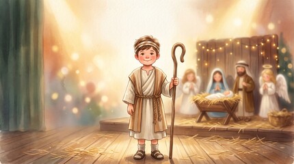 Fototapeta premium Young shepherd holding a staff before a nativity scene with baby in manger. Christmas illustration of the birth of Jesus. Christian holiday, biblical story and seasonal celebration.