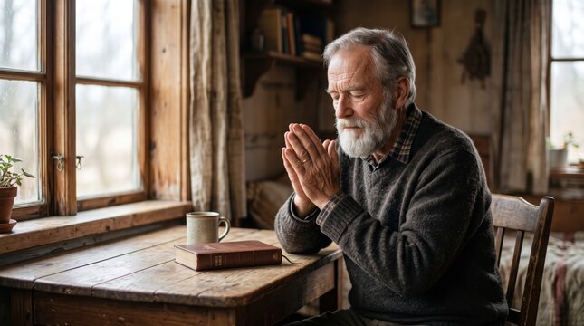 Older man praying with clasped hands beside a Bible at a wooden table. Christian faith and personal devotion. Prayer, spirituality and religious reflection. Worship at home.