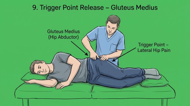 Physical therapist performing gluteus medius trigger point release on