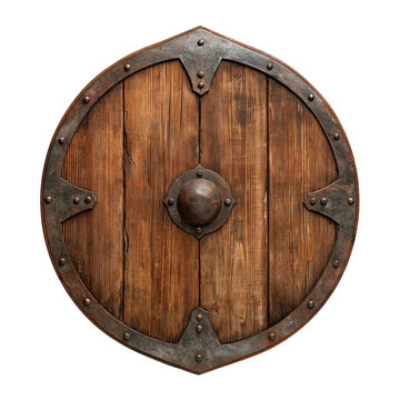 Medieval round wooden shield with iron rim isolated on white background