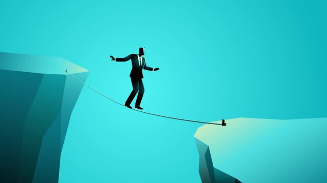 A business risk concept depicting a businessperson cautiously crossing a tightrope between two cliffs, symbolizing uncertainty, difficult decision making, career challenges, and navigating change.