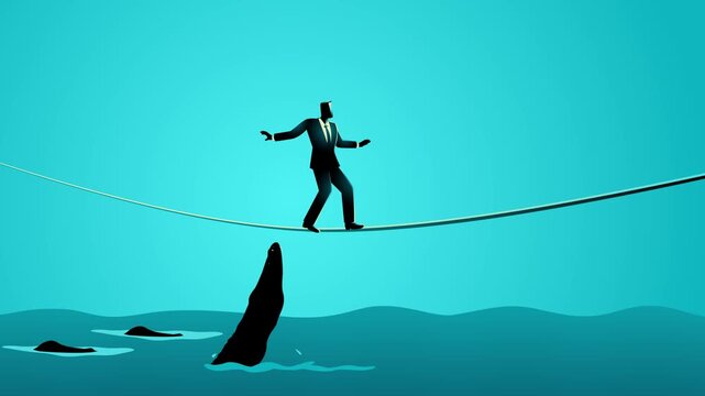 Business risk concept showing an businessman carefully balancing on a tightrope above dangerous waters and alligators, symbolizing high-stakes decisions and navigating challenging business conditions.