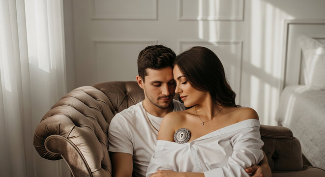 A couple sits closely on a tufted sofa in a softly lit room, symbolizing love, intimacy, and partnership, ideal for romance or lifestyle themes