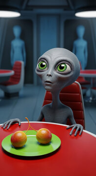 Grey alien with large green eyes sits at a red table with a plate of two round fruits, in a futuristic dining scene, symbolizing curiosity, extraterrestrial encounters, and isolation