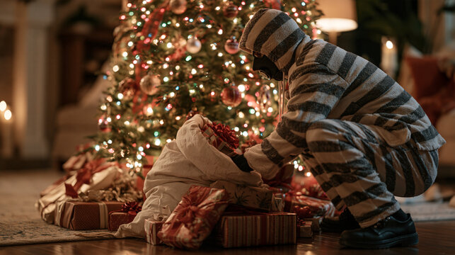 Masked burglar in a striped convict costume crouches beside a glowing Christmas tree at midnight, stuffing wrapped gifts into an oversized sack while multicolored lights cast