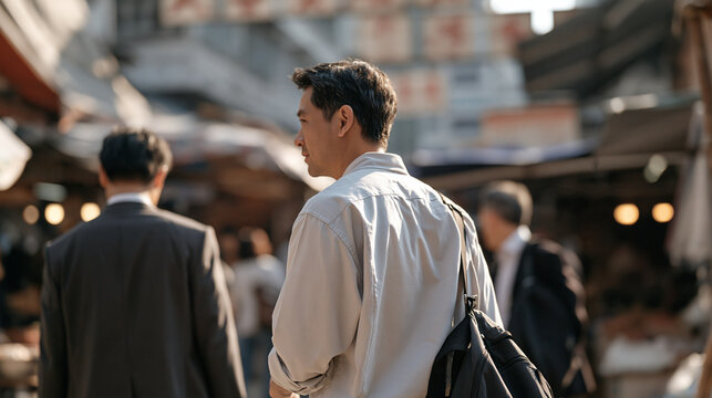 Two plain clothes officers tailing a robbery suspect through a busy street market, undercover surveillance concept, criminal tracking, law enforcement shadow, detective work,
