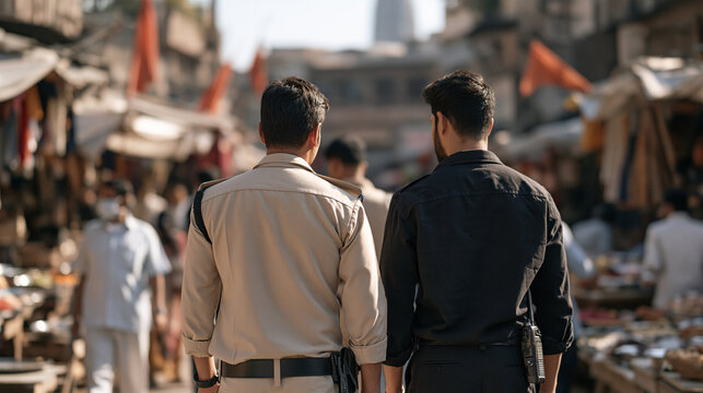 Two plain clothes officers tailing a robbery suspect through a busy street market, undercover surveillance concept, criminal tracking, law enforcement shadow, detective work,