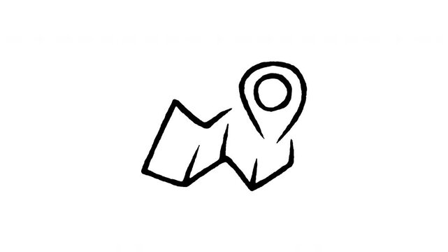 Animated doodle icon of a folded paper paper map with a location marker pin.