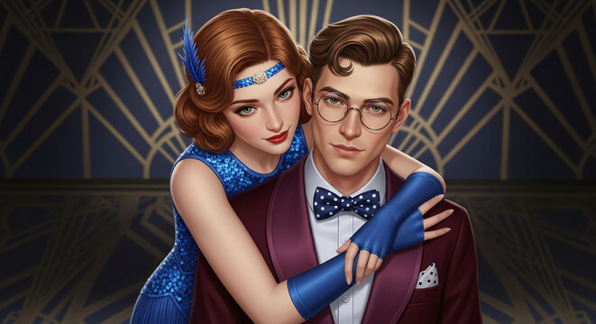 A stylized couple in 1920s attire, embodying the glamour and romance of the era, representative of nostalgia and classic Hollywood.
