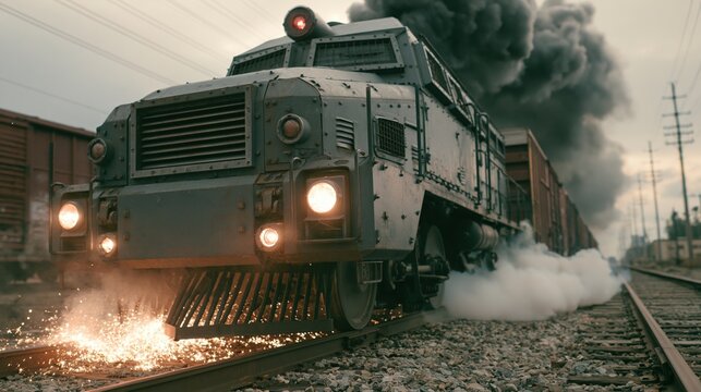 Heavy green armored locomotive drives through steam and sparks on railway