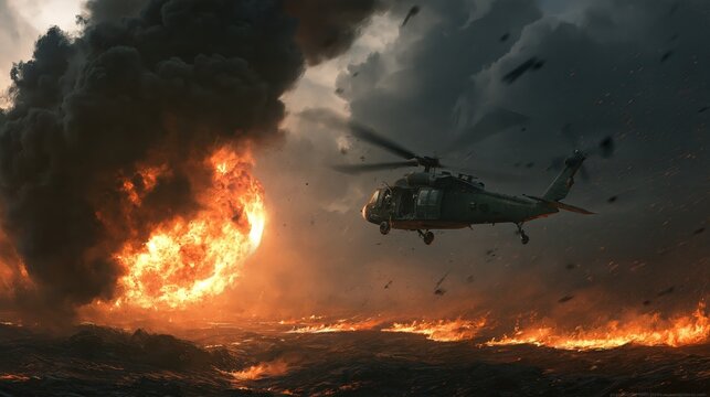 Helicopter flies low past giant orange fireball and dense smoke plume