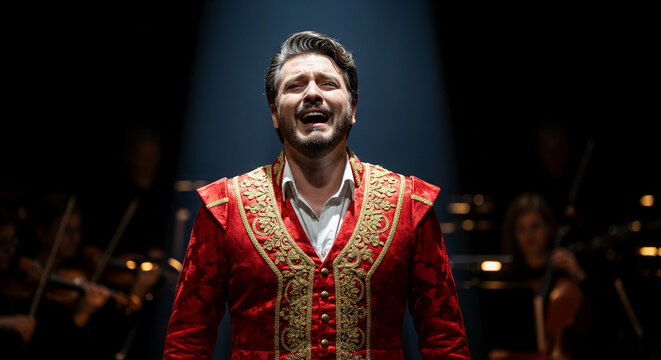 Man in red ornate costume singing on stage with orchestra in background, representing performance and artistic expression