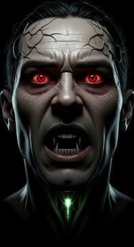 Close-up of a monstrous face with glowing red eyes and fangs, symbolizing horror, fear, and the supernatural, ideal for gothic or dark fantasy themes