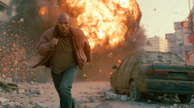 Dirty battle-worn man escaping car wreck explosion on devastated urban street cinematic wide shot