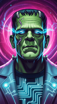 Green character with electric blue eyes and circuit pattern, conceptualizing science fiction, technology, and gothic horror
