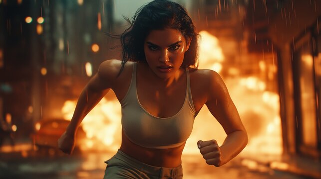 Cinematic female action hero in black leather suit running toward camera with urban explosion in background