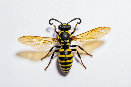 A macro shot of a black and yellow striped wasp, a hymenopteran insect, isolated on a plain white background.