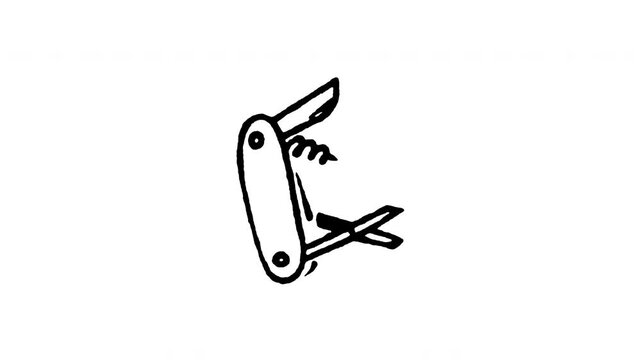 Animated doodle icon of a Swiss style multi tool pocket utility knife with folded blades.