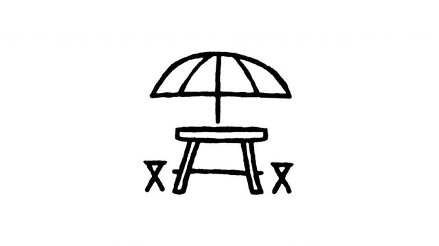 Animated doodle icon of a wooden picnic bench table with a shade umbrella parasol.