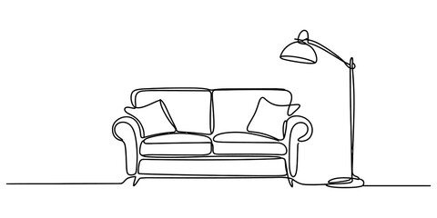 Continuous single line drawing of a comfortable sofa with a standing floor lamp isolated on a white background isolated on transparent background, Vector © Rimi Kailash Arts