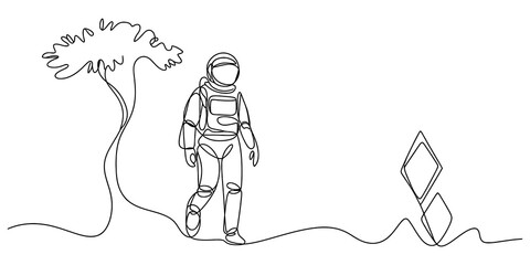 Continuous single line drawing of an astronaut walking past a tree and geometric shapes on a white background isolated on transparent background, Vector © Rimi Kailash Arts