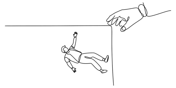 A single continuous line drawing of a giant hand reaching out to save a small man falling off the edge of a cliff isolated on transparent background, Vector