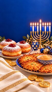 Vertical Hanukkah Feast Concept with Jelly Sufganiyot Donuts Crispy Potato Latkes Golden Gelt and Lit Menorah