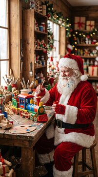 Santa claus crafting handmade wooden toys in cozy workshop decorated for christmas