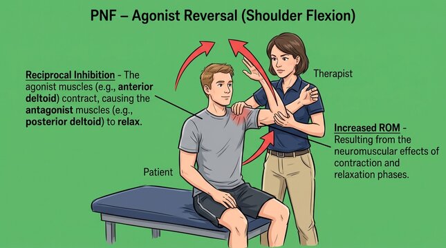 Physical therapist performing PNF shoulder flexion exercise on a