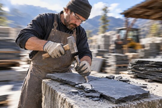 Stone Mason Chiseling Dark Stone Slab Outdoors