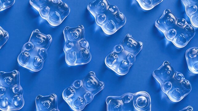 Pale transparent gummy bears float visually across vivid blue background