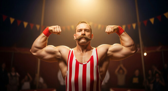 Muscular man flexing arms in vintage circus attire, symbolizing strength and showmanship under dramatic lighting