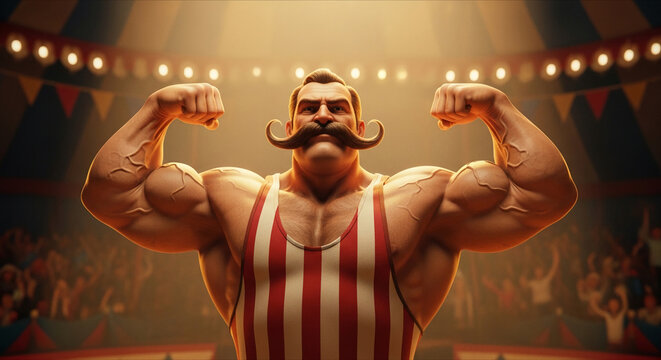 Muscular man flexing arms in circus ring, symbolizing strength, performance, and entertainment, perfect for show or event concepts.